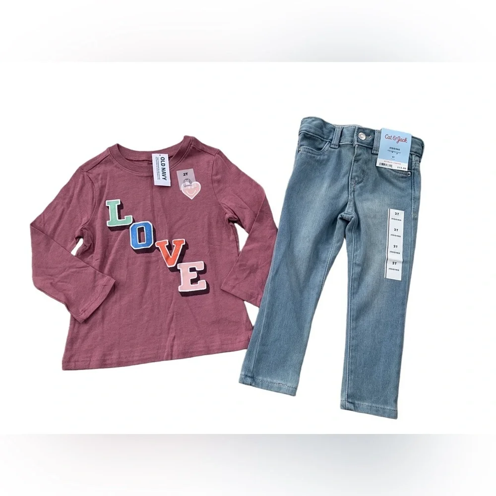 Cat & Jack and Old Navy NWT Size 2T Pink Love Shirt and Jeggings Jeans